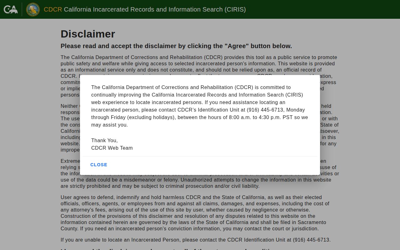 CDCR CIRIS search for California prison records after a Plumas County case