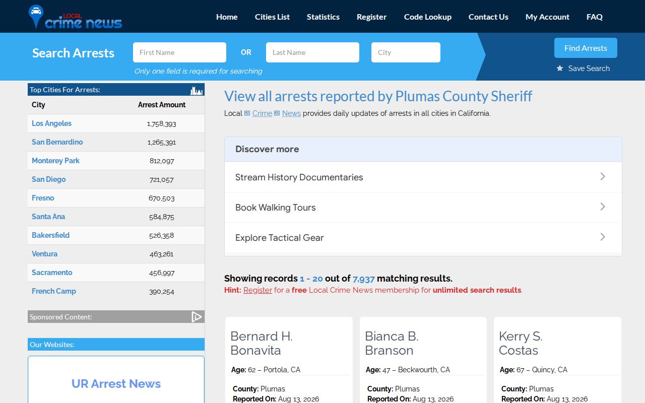 Unofficial Local Crime News Plumas County arrest record index
