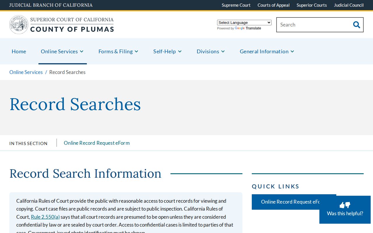 Plumas County crime news court record search page